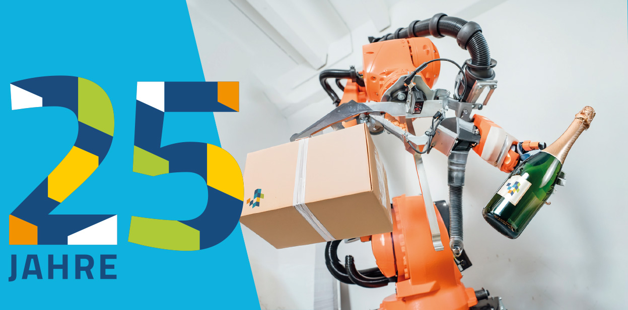 Roboter mit Päckchen und Sekt